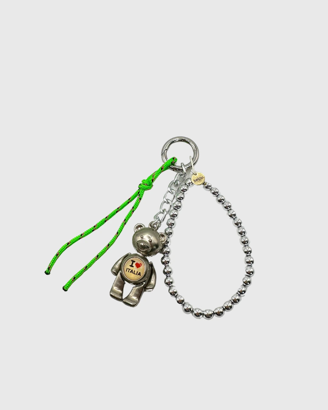 accessoire de sac / grigri de belou upcycling lyon, corde verte, perles argentées, nounours argenté souvenir