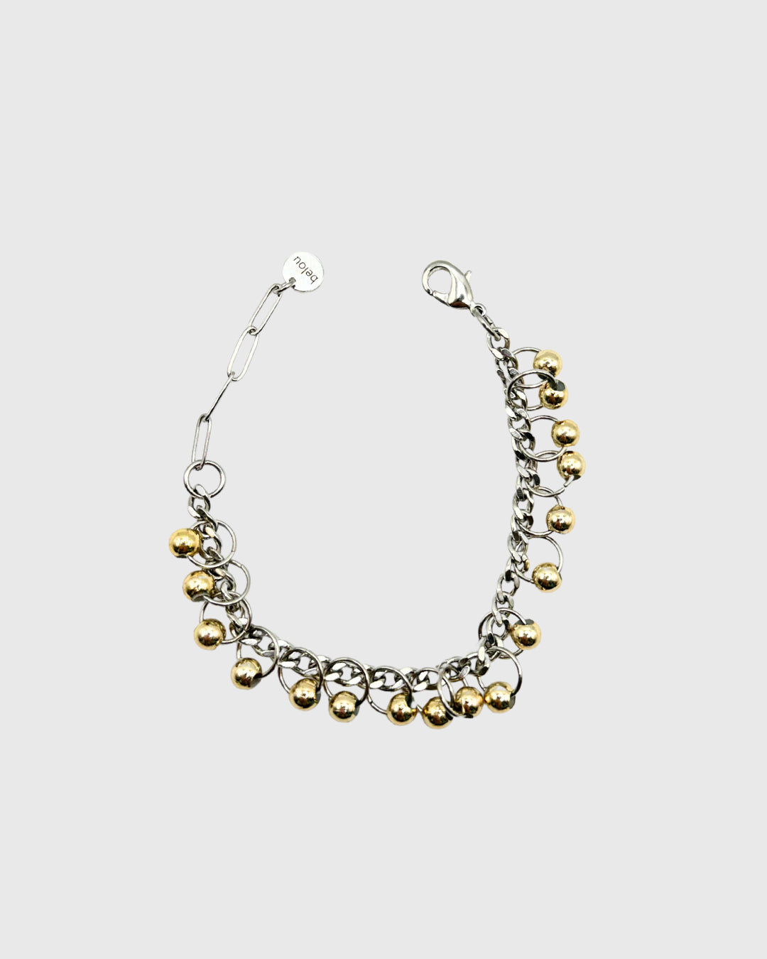 Bijou upcyclé belou – bracelet argenté mixte fait main avec des perles dorées

