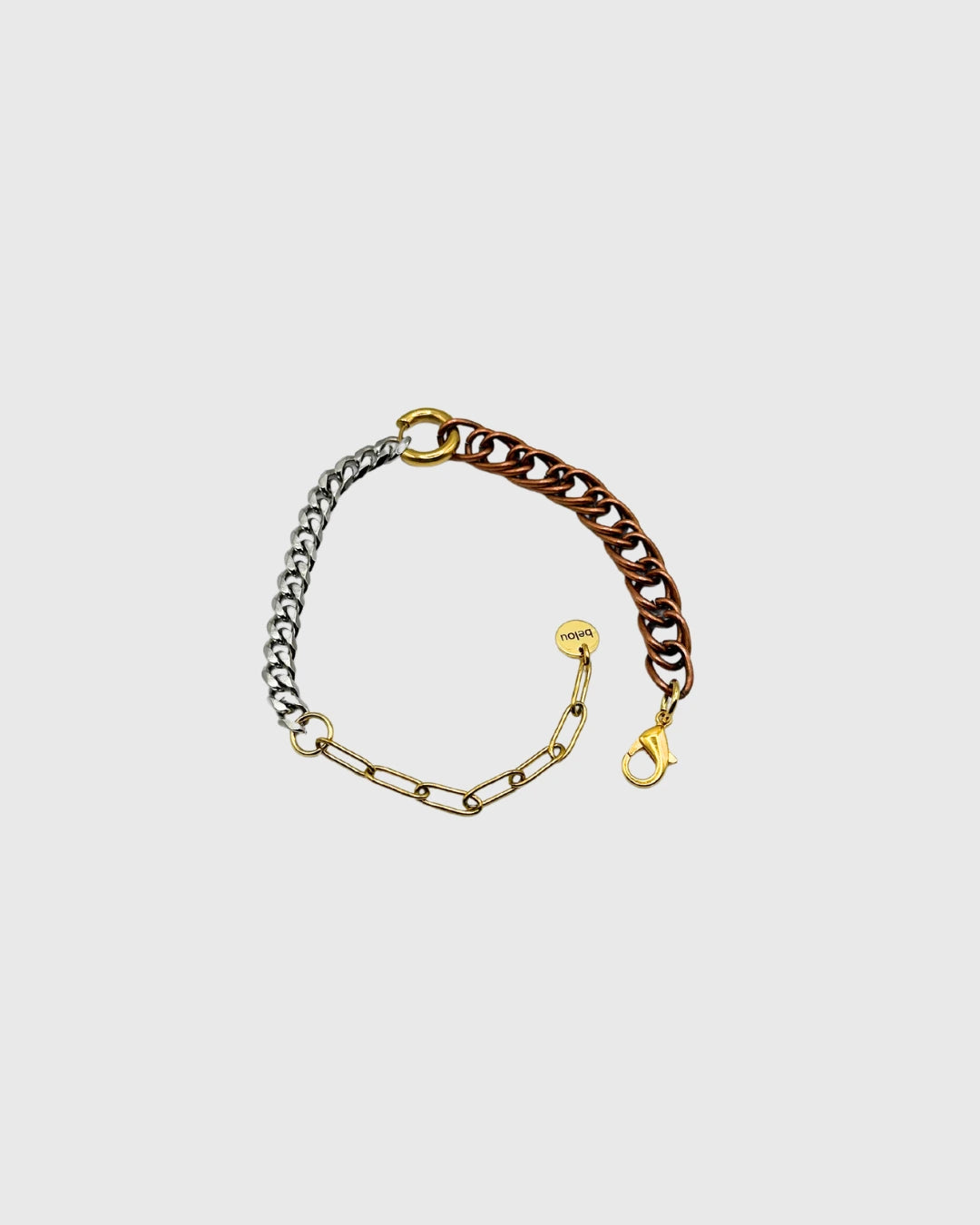 bracelet upcyclé de belou upcycling, chaine bronze et acier à lyon 