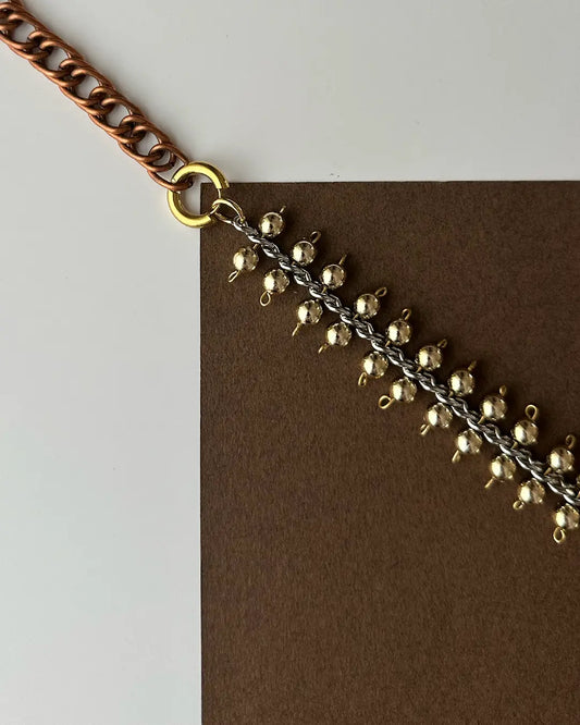 Collier belou - chaine acier, bronze & perles dorées